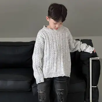 בנים סוודר מקרית קוריאני גרסה אופנה צבעים מעורבים אופנה סוודר רך כל-התאמה רופף שרוול ארוך O-צוואר בגדי ילדים